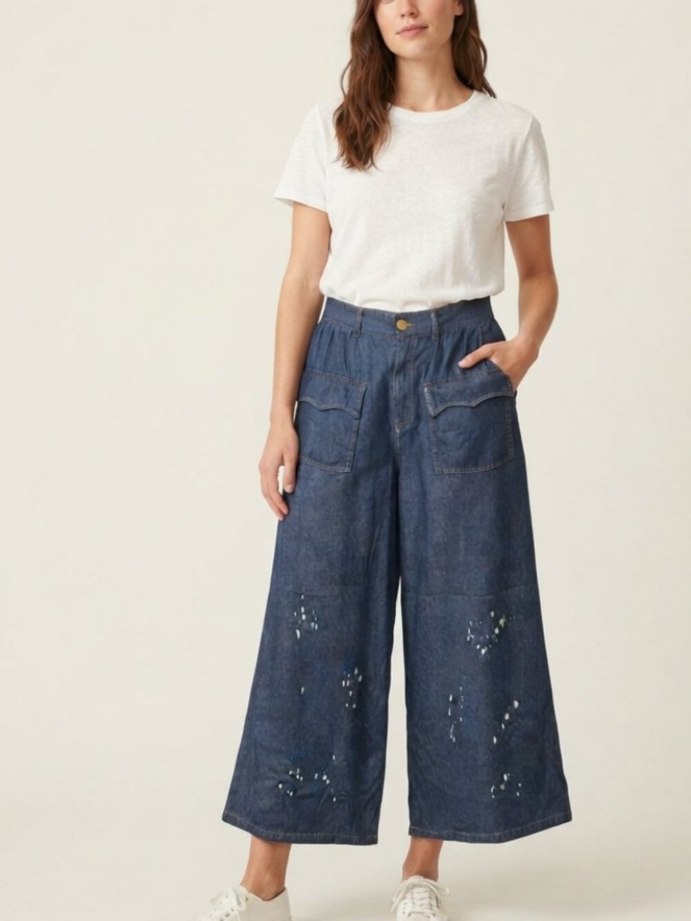 Celestial Constellation Chambray Wide-Leg Utility Pants L